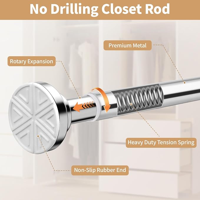 No Drilling Adjustable Closet Rod, 26-65 Inches Heavy Duty Tension Rod for Hanging Clothes for Closet, Laundry Room & RV, Silver