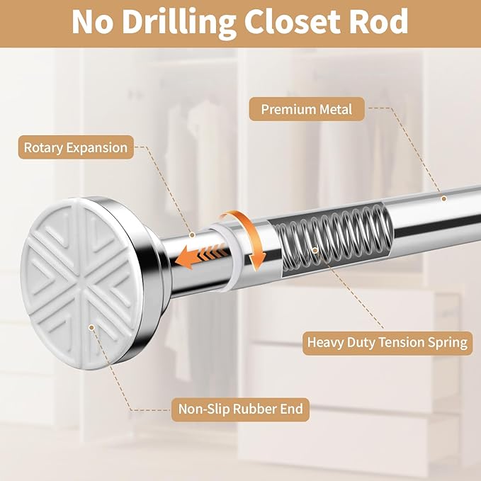 No Drilling Adjustable Closet Rod, 26-95 Inches Heavy Duty Tension Rod for Hanging Clothes for Closet, Laundry Room & RV, Silver