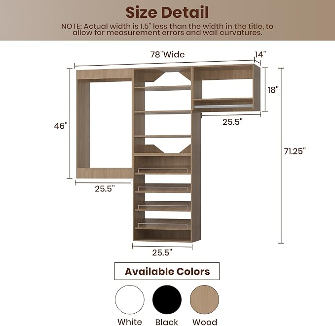 ROOMTEC Modular Closet System, 78" Wall Mounted Modern Closet Organizer with Hanging Rods and Shoe Shelf, Wooden Tower for Walk-In Closets, Wardrobe Storage Kit, Wood