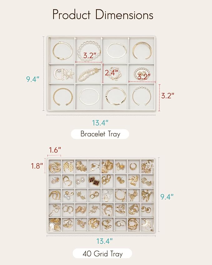 VLANDO Stackable Jewelry Tray, 40-Grid, Soft Velvet, Removable Dividers | Individual Compartments, Drawer Organizer, Easy Sorting for Studs, Charms, Pins, Gift for Women Girl