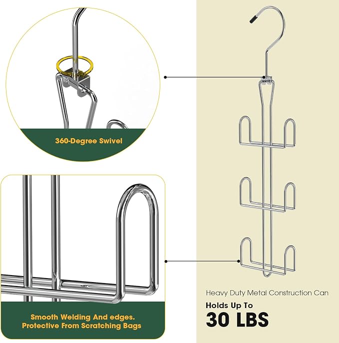 Purse Hanger Purse Organizer for Closet,Rotatable Metal Bag Organizer,Purse Holder for Handbags,Belts,Scarves,Tote,Baseball Hats,Backpacks(Silver)