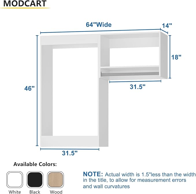 Modular Closet, 64" Wide Organizer with Hanging, Wood Tower Storage for Walk-in Closets, Wall-Mounted Wardrobe Organizer, White