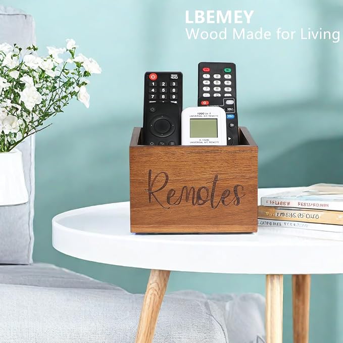 LBEMEY Acacia Wood Remote Control Holder Caddy, TV Organizer for Table, Vintage Farmhouse Desk Caddy (Brown for 3+ Controls)