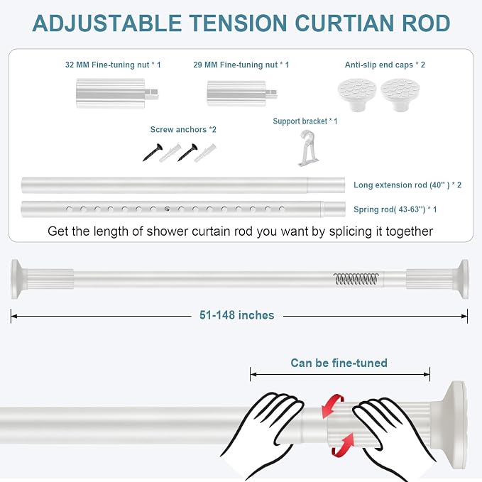 ZOCONE Tension Curtain Rod 51-148 Inch (4.25-12Ft), Extra Long Outdoor Tension Rod for Patio, Shower Curtain Rod No Drilling, Heavy Duty Tension Rod for Bathroom Window, Easy to Install, White