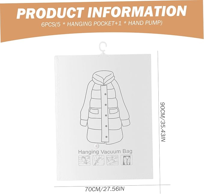 6Pcs Hanging Vacuum Storage Bags for Clothes, with Hand Pump Compressed Sealed Space Saver for Suits Dresses