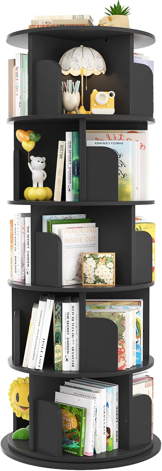 Aheaplus 5 Tier Rotating Bookshelf, Wood Spinning Bookshelf Tower, Round Revolving 360 Bookcase, Narrow Turning Book Shelf Rolling Corner Organizer for Small Space, Bedroom, Office, Black