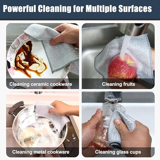Multipurpose Wire Dishwashing Rags for Wet and Dry, Non-Scratch Wire Dishcloth Reusable Dishwashing Rags Premium Scrubbing Pads Sponge Clean for Home Kitchen Cooktop (Pack of 10)