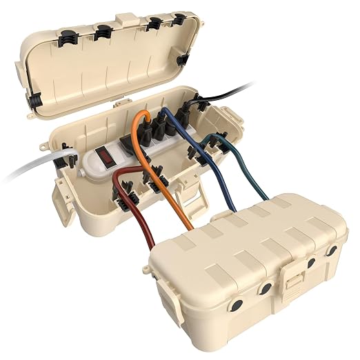 Flemoon [2 Pack] Medium Outdoor Electrical Box Waterproof, Outdoor Plug | Electrical Box (11.5x5.2x4 inch) w/6 Cable Entry Ports, Extension Cord Cover for Power Strip, Timer, Holiday Light, Almond