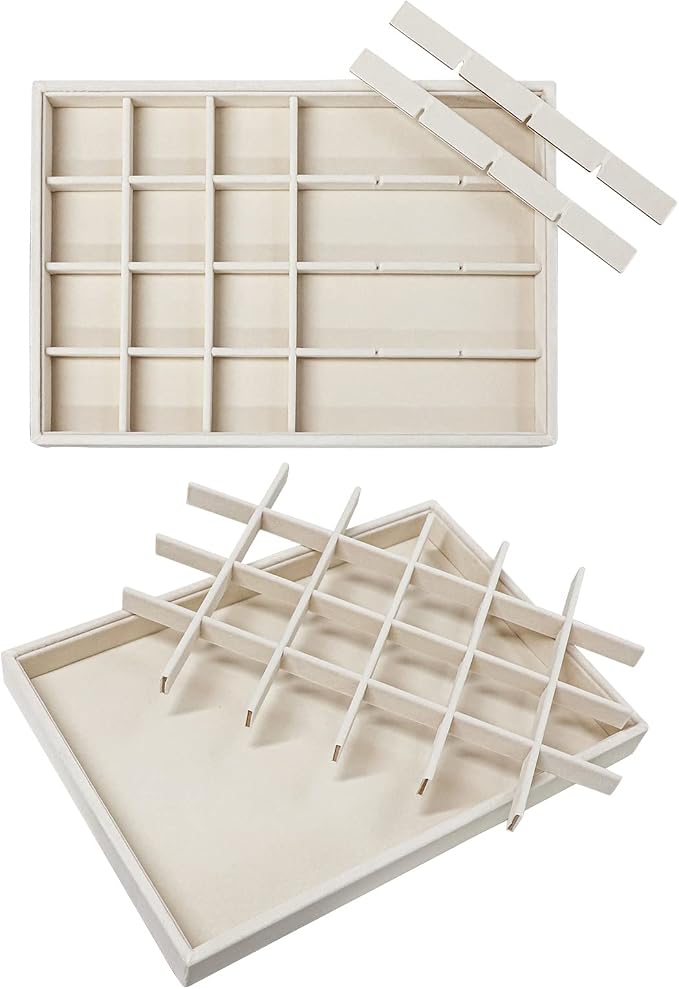 Stratalife 24 Grid Jewelry Organizer Tray, Stackable Drawer Earring Organizer with Adjustable Dividers, Jewelry Display Tray for Necklace Earring Ring Bracelet, 13.8" x 9.4" x 1.2", Beige