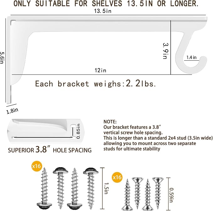 13.5x5.6 in Heavy Duty Closet Rod Support Bracket (White 2 Pack) | 400lbs Capacity Sturdy Wall Mounted L-Shaped Shelf Brackets with Rod Holders for Laundry Room Kitchen bathroom storage