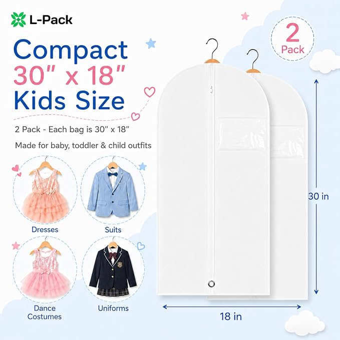 Kids Garment Bag with Clear Window, Hanging Clothes Storage Cover for Dresses, Suits & Dance Costumes, Breathable Travel Bag for Baby Toddler Child, 30" x 18", White, Pack of 2