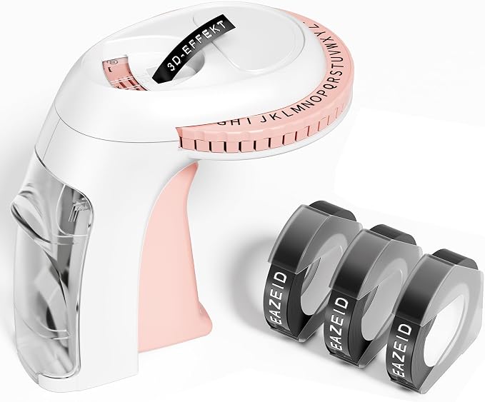Embossing Label Maker Manual, Vintage Embossed Label Maker Pink, Retro Embosser Handheld Labeler with 3 Black Tapes 3/8Inch for DIY Scrapbooking, Kids Teachers Practical Gift, Home Office School Use