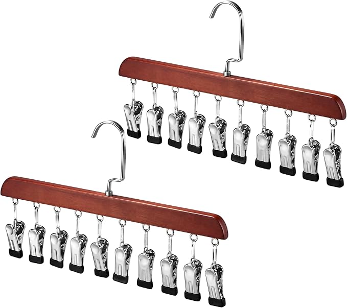 Novabright 2 Pcs Closet Organizer with 10 Clips Wooden Hat Rack for Closet, Space-Saving Hanging Organizer, Multipurpose Storage Display Accessory for Beanies, Ties, and Socks (Brown)