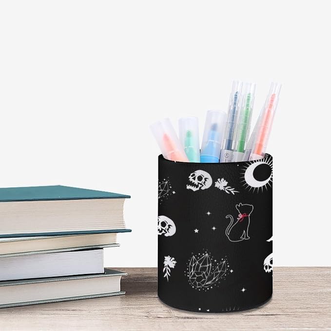 Gothic Skull Cat Moon Pen Holder Pencil Cup for Desk Organizer | Cute Makeup Brush Holder PU Multifunctional Office Suppliesfor Decor Home Classroom School