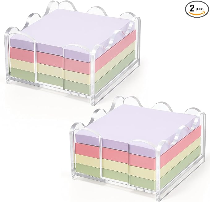 AceOrbit 2 Pcs Scalloped Acrylic Sticky Note Holder, 3x3 Inch Clear Cute Notepad Holder Sticky Note Dispenser with Wave Design, Thick Acrylic Desk Organizer for Office, Home, Dorm, Classroom Desk