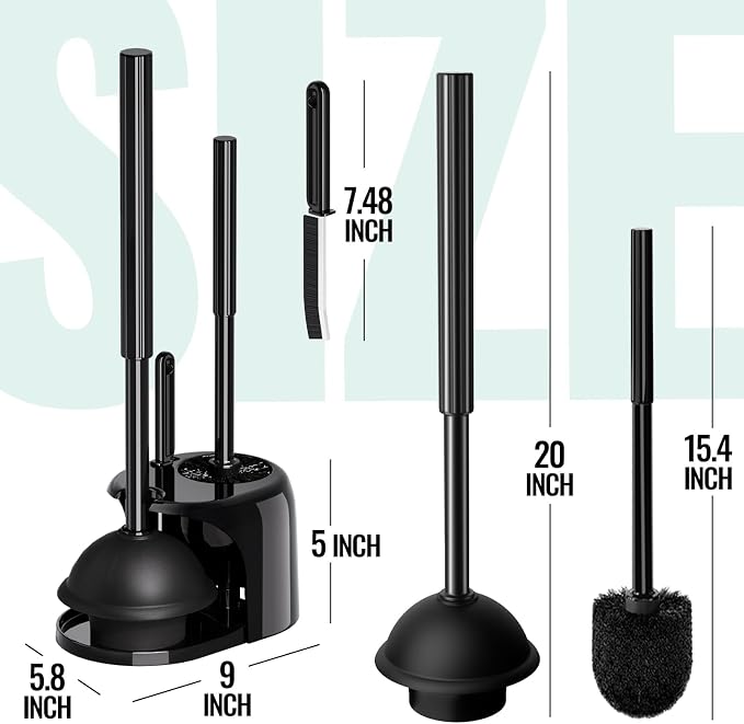 3 in 1 Toilet Brush and Plunger Set with Crevice Cleaning Brush, Toilet Plunger and Brush Set with Extra Long Handle, Plungers for Bathroom Accessories, Toilet Plunger with Holder, Black | Black bathroom decor, apartment essentials, home essentials, cl...