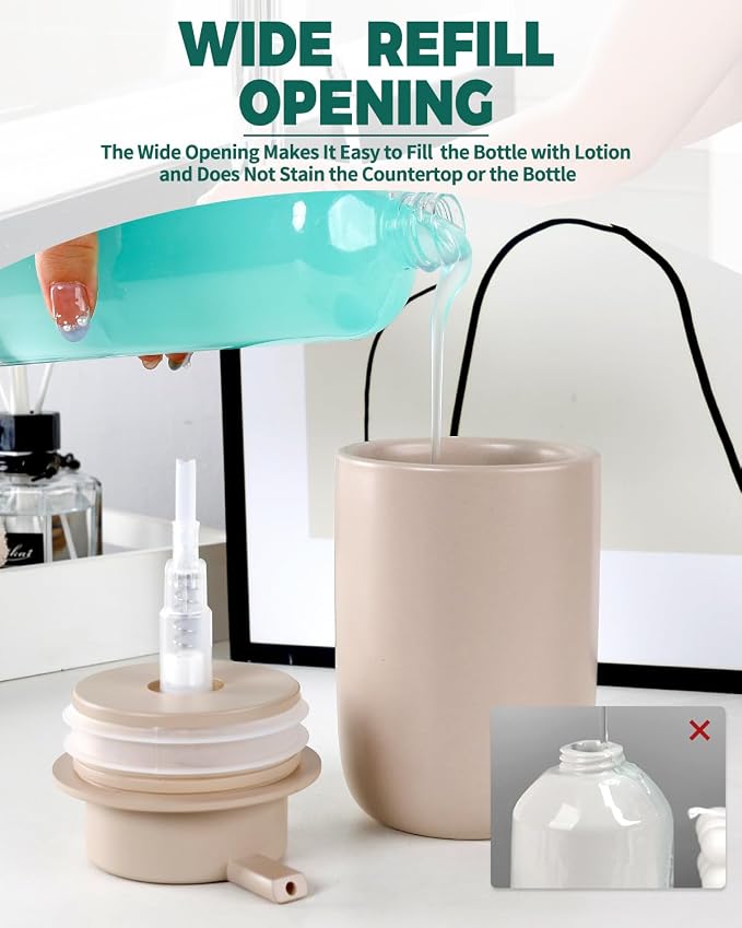 BosilunLife Lotion Pump Dispenser for Kitchen, Bathroom Countertop | Matte Khaki Soap Dispenser Bathroom Ceramic Dish Liquid Soap Dispenser (Khaki, Liquid Pump)