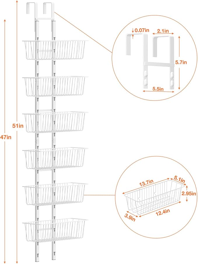 6 Tier Over the Door Pantry Organizer, Over the Door Spice Rack with Adjustable Baskets, Metal Hanging Door Pantry Organizers and Storage for Kitchen Bathroom Bedroom, White