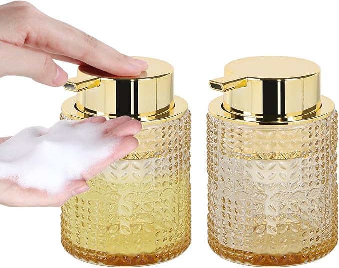 Amber Glass Foaming Soap Dispenser, 2pcs Refillable Foam Soap Dispenser with Gold Pump, Glass Lotion Container Bottle for Kitchen and Bathroom Countertop,Wide-Mouthed and Easy to Press