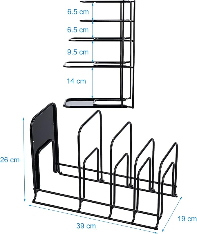 Toplife 2 Pack Heavy Duty Pan Organizer, 5 Tier Pot and Pan Organizer Rack for Cast Iron Skillets, Griddles and Pots - Sturdy Steel Construction- No Assembly Required - Black