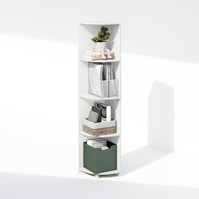 Furinno Basic Book Shelf, 4-Tier Bookshelf, Bookcase with Corner Shelf, 12 x 12 x 57.1, for Living Room, Bedroom, Home Office, White