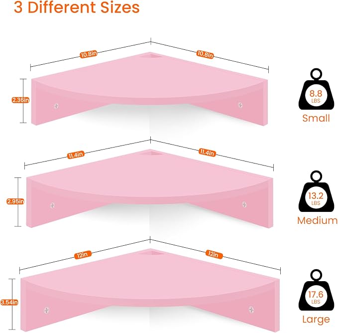 Homode Corner Shelf Wall Mount, Set of 3 Corner Floating Shelves with Cable Hole, 3 Tier Wood Corner Hanging Shelves, Living Room Bedroom Bathroom, Pink
