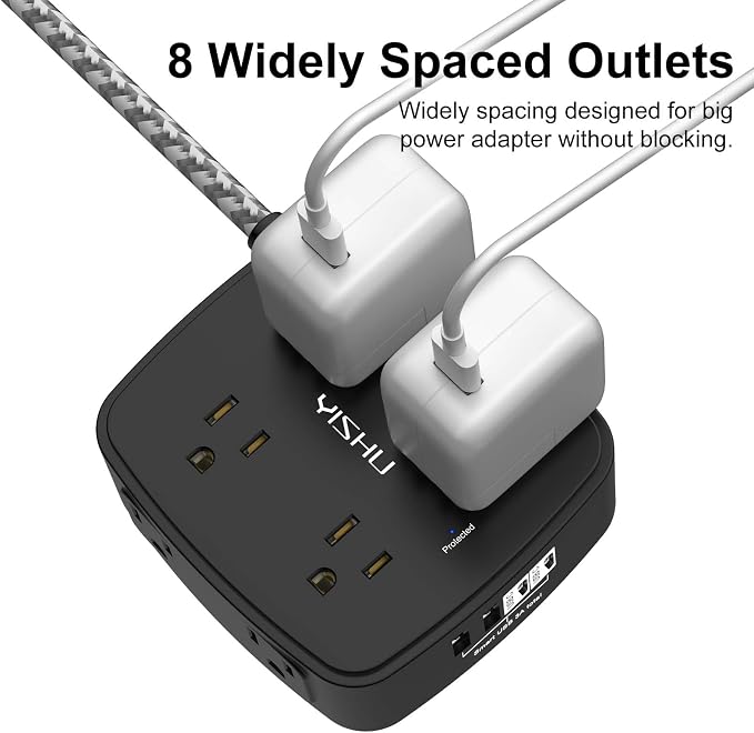 Surge Protector Power Strip - YISHU 8 Outlets with 4 USB (2 USB C) Charging Ports, 5Ft Braided Extension Cord, Flat Plug Multi Plug Outlet Extender Charging Station for Home Office, ETL, Black