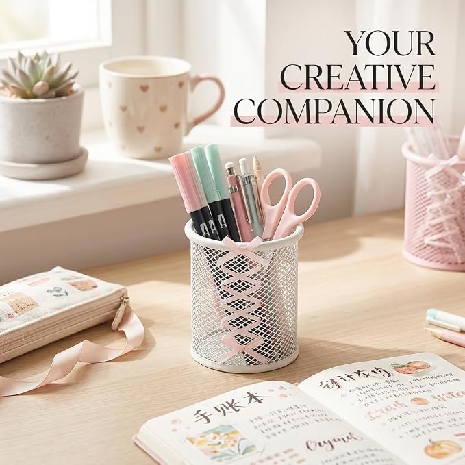 Pen Holder for Desk - Cute Ribbon Bow Wire Mesh Pencil Cup, Lace-up Desktop Organizer for Girls & Teens, Decorative Stationery Storage for Home Office (White)