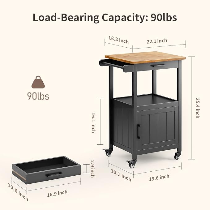 Qsun Microwave Cart, Microwave Stand | Kitchen Island on Wheels, Rolling Kitchen Cart with Rubber Wood Countertop, Side Hook, Microwave Cart for Small Space