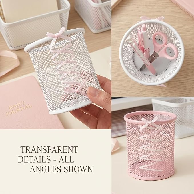 Pen Holder for Desk - Cute Ribbon Bow Wire Mesh Pencil Cup, Lace-up Desktop Organizer for Girls & Teens, Decorative Stationery Storage for Home Office (White)