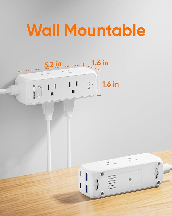 Olcorife Flat Plug Power Strip with 3 FT Extension Cord, 6 Outlets 4 USB Ports(2 USB C), 3 Sided Outlet Extender for Home Office Travel Dorm Room Essentials, White