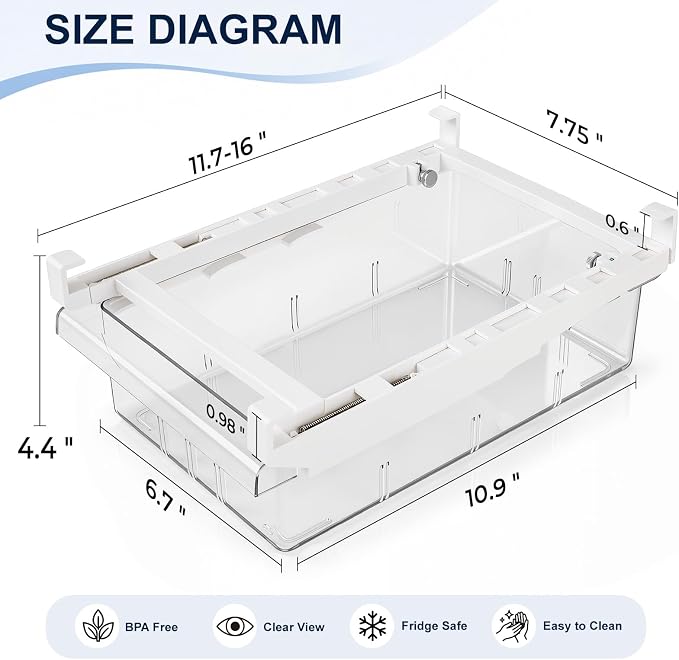 Fridge Drawer Organizer Pull-Out Under Shelf Bin, Adjustable Dividers | BPA-Free Clear Space-Saving Storage