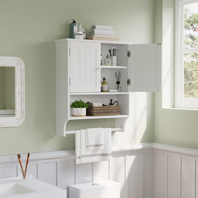 Smuxee White Bathroom Cabinet Wall Mounted with Towels Bar, Bathroom Medicine Cabinet with 2 Door Adjustable Shelves, Over Toilet Cabinet for Bathroom Laundry Room Kitchen