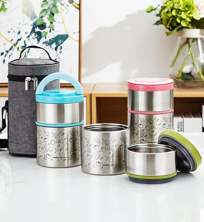 Lille Home 2 Tier Vacuum Insulated Stainless Steel Thermal Lunch Box,32OZ | 2 Tier Bento Food Container with Lunch Bag, Leakproof Wide Mouth Bento Box for Cold/Warm Food, Portion Control, Pink