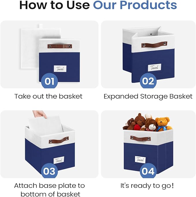 FinishingBo 10.5" x 11" Storage Bins with Labels 6 Pack | PU Leather Handles, Foldable Storage Cubes, Storage Baskets, Closet Storage, White/Blue