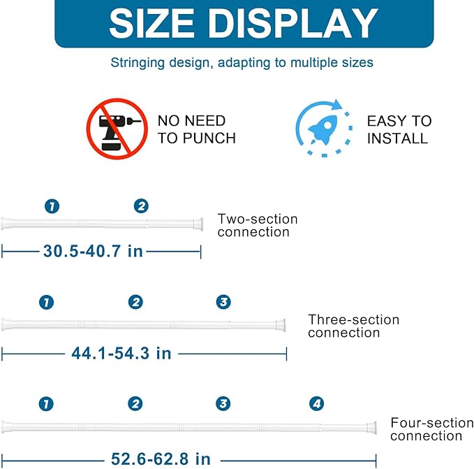 2pack Tension Curtain Rod 30 to 62 Inch, White Spring Tension Curtain Rod Adjustable Expandable Curtain Rod No Drilling, Spring Loaded Curtain Rods for Windows, Bedroom, Doorway Door, Closet