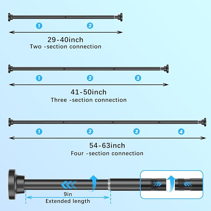 AIZESI Spring Tension Curtain Rod 29-63 Inch Black Stainless Steel Telescoping Rod No Drill for Window or Shower