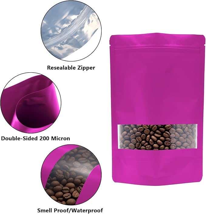 50PCS Foil Pouch Mylar Bags with Clear Window,ULIFESTAR Stand Up Sealable Bags with Tear Notches,Resealable for Food,Party Favors,Gift Packaging and Small Business(18 * 26cm/7.09 * 10.24",Purple)