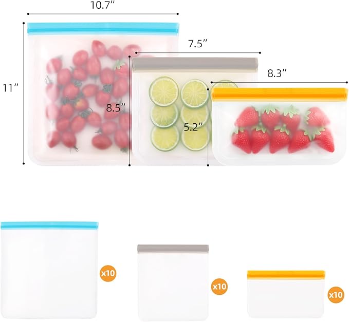 30 PCS Reusable Freezer Bags Washable, BPA Free Leakproof Food Storage Bags for Fruit, Meal Prep, Freezing Meat- 10 Gallon 10 Sandwich 10 Snack