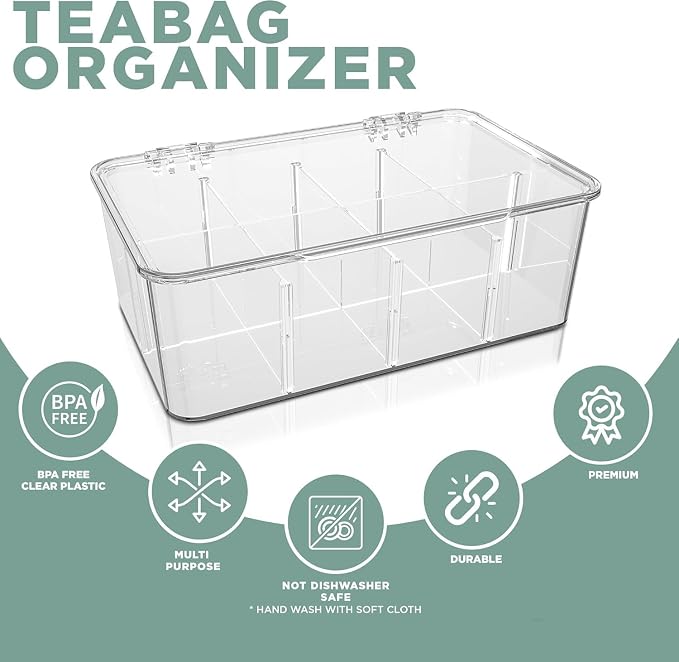 Utopia Home Tea Bag Organizer - Stackable Tea Bag Storage Organizer with Clear Top Lid- Tea bag holder For Counter tops, Kitchen Cabinets, Pantry, Sweeteners (Clear, Pack of 6)