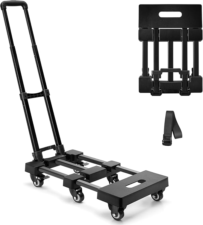 KEDSUM 550 LBS Folding Hand Truck with 6 Wheels(2 with Brake), Collapsible Dolly Cart with Wheels, Thickened Upgraded Steel Trolley Cart for Easy Moving, No-Assembly, with 1 Lashing Straps