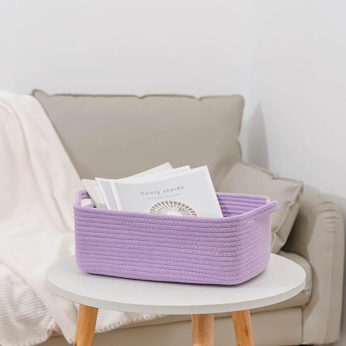 CubesLand Cute and Durable Small Cotton Rope Basket for Organizing | Woven Closet Storage Bin,Shelves Closet Storage Basket, Bathroom Storage Organizer Bin, Nursery Toy Basket Bin, Purple Basket