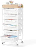 6 Drawer Rolling Cart for Craft Storage,Utility Drawer Organizer with Handle and Wooden Top, Storage on wheels for Office, Classroom,Laundry，Garage, Snack,Art Supply,White