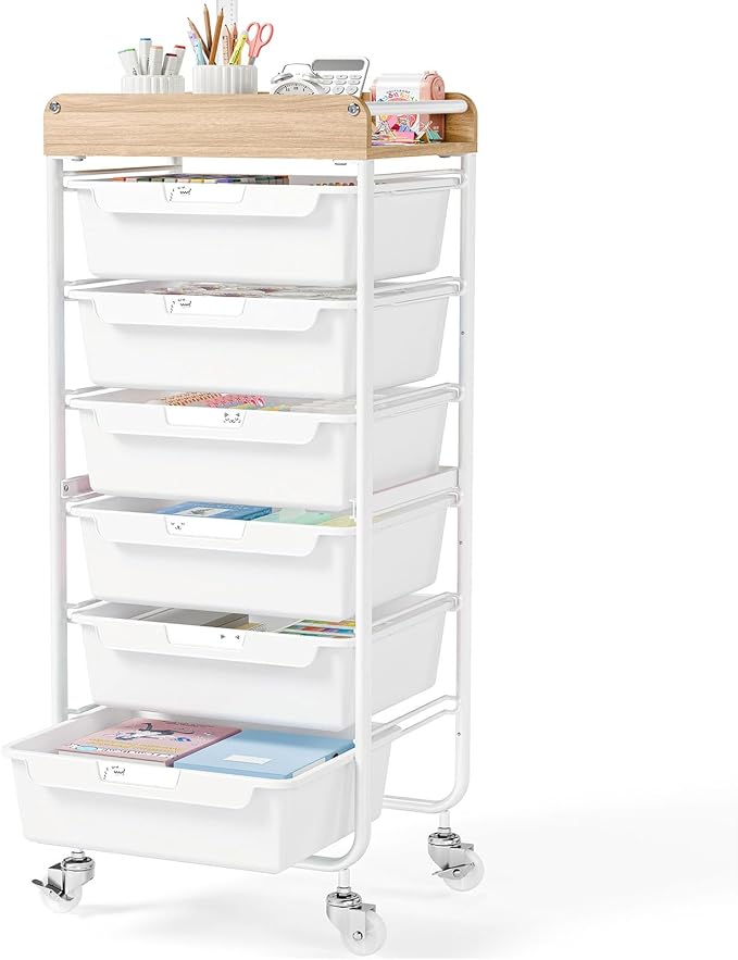 6 Drawer Rolling Cart for Craft Storage,Utility Drawer Organizer with Handle and Wooden Top, Storage on wheels for Office, Classroom,Laundry，Garage, Snack,Art Supply,White