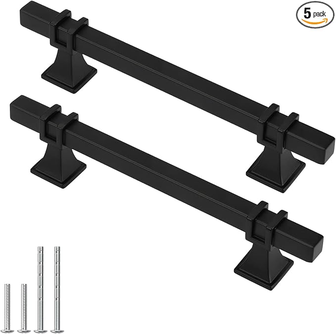 5 Pack 5in Cabinet Handles and Drawer Pulls - Matte Black Kitchen Cabinet Hardware, Dresser Pulls 128mm MOT19BK128