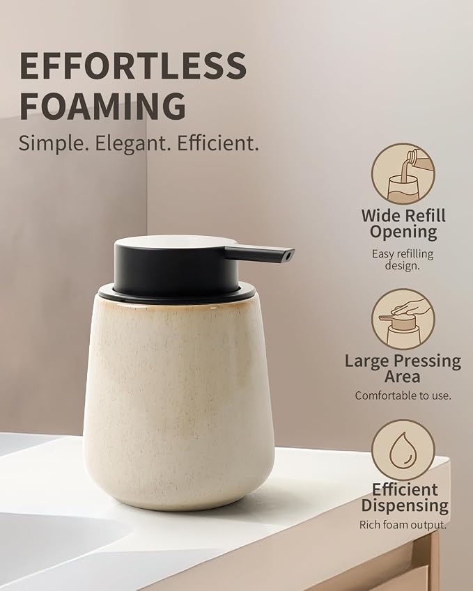 Bosilunlife 12Oz Ceramic Foam Soap Dispenser for Bathroom Kitchen Counter | Premium countertop foam pump creates delicate dense foam, stable desktop placement, Greige with Speckle