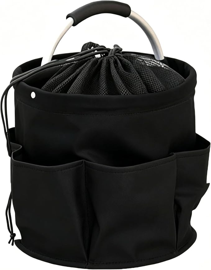 Garden Tool Bucket Organizer, Bucket Tool Organizer,5 Gallon with Aluminum Handle, Multi Side Pockets Portable Storage Caddy for Gardening Camping Car Wash (Black, Drawstring Closure)