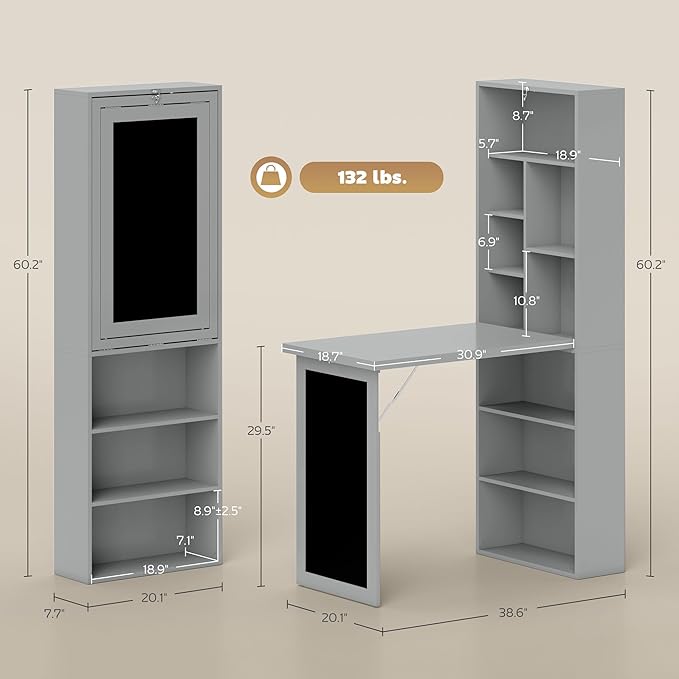 HOMCOM Foldable Convertible Writing Table, Wall Mounted Space-Saving Computer Desk with Chalkboard and Storage Shelves for Small Spaces, Home Office, Bedroom, Dorm, Apartment, Charcoal Gray