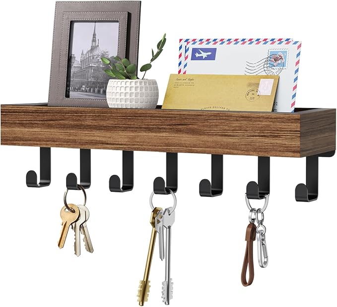Key Holder Wall Mount Magnetic Adhesive - Key Hooks Rack with shelf | Key Hanger with Mail Organizer for RV Camper Fridge Living Room Decor, Home Essentials, Large Rustic