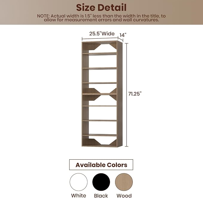 ROOMTEC Modular Closet System, 25.5" Shelf Closet Tower Wall-Mounted Closet Organizer, Wooden Tower for Walk-In Closets, Wardrobe Storage Kit, Wood